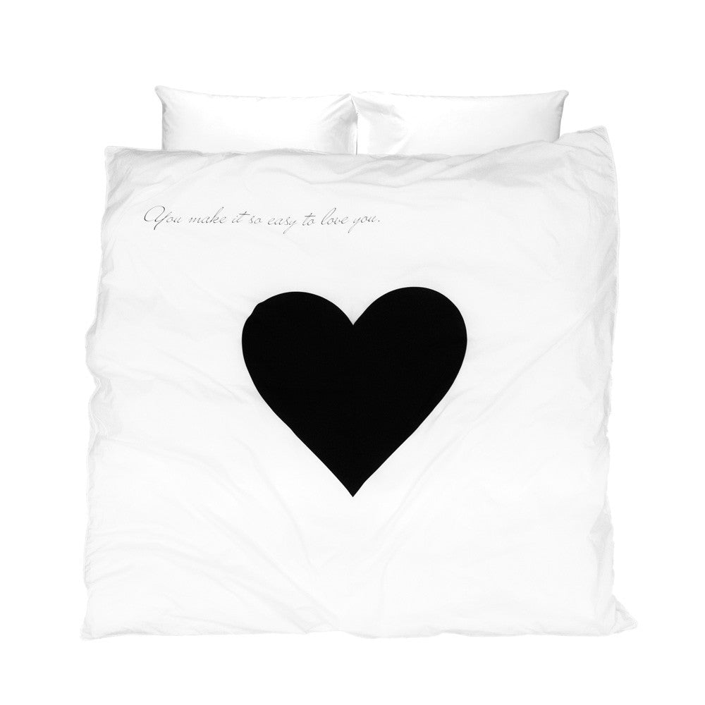 White and black duvet cover with heart and message You make it so easy to love you 