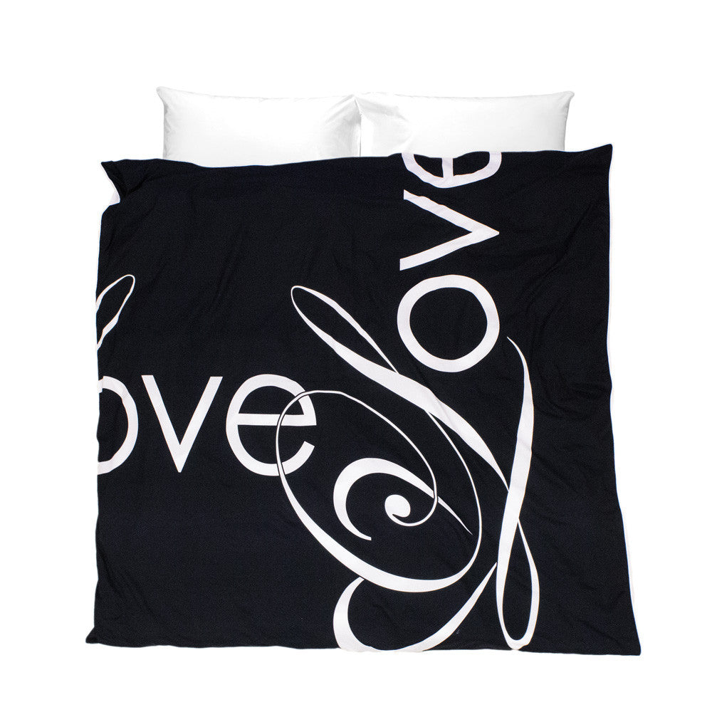 Penguin Love Duvet Cover - white Love script typography on black background